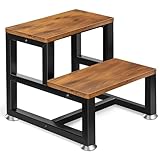 FREEAMG 2 Stufen Tritthocker aus Holz für Kinder & Erwachsene, Robuster Tritthocker aus Massivholz mit Rutschfesten Fußpolstern bis zu 150 kg, für den Einsatz in Küche und Bad (Braun)