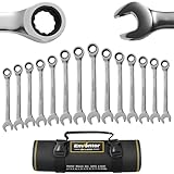 Enventor 14-Tlg Ratschenschlüssel Set, 90 Zähne,5° Schwenkradius–metrisch, 6mm bis 19mm, Ratschen-Kombinationsschlüsselsatz mit Tragetasche, Chrom-Vanadium-Stahl, Schwarz vernickelt