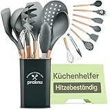 Praknu Silikon Küchenutensilien Set Grau - 8-teiliges Küchenhelfer Set - Hitzebeständiges Kochbesteck - Robuster Holzgriff, Praktische Öse - Lebensmittelecht - Schonend zu Pfannen & Töpfen