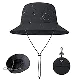 HEOUCH Sonnenhut, Regenhut Damen Wasserdicht, Wanderhut Herren, Fischerhut mit Kinnriemen, Schnell Dry Bucket Hat Herren, Breite Krempe Winddichte (Schwarz) (DE/NL/SE/PL, Alphanumerisch, M, M, B)