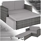 tectake Sofa Set - 2 Sitzer Sessel mit Hocker und Schlaffunktion, kleine Rattan Couch als Outdoor Gartenmöbel, wetterfest für Lounge, Balkon und Garten, klappbar mit Polstern