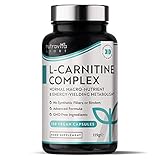 L-Carnitin-Komplex - Hochwirksame Kapseln mit zusätzlichem Riboflavin, Biotin, Chrom, Vitamin D, B3 & B6 - Makronährstoff- & Energielieferant für den Stoffwechsel - 150 vegane Kapseln - Nutravita
