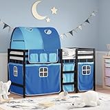 IKAYAA Halbhochbett für Kinder aus Kiefernholz, inklusive Lattenrost, Kinderbett 90 x 200 cm, Hochbett für Kinder, für Jungen und Mädchen, Schwarz und blau