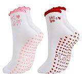 Utensilsto 2 Paar Pilates Stoppersocken für Damen,Baumwolle Rutschfeste Yoga Socken,Rüschen Yogasocken für Yoga Tennis Ballett Fitness (Rot, Rosa)