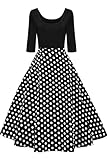 AXOE Damen 60ziger Jahre Kleid Vintage Festliches 3/4 Ärmel 50er Jahre Outfit Schwarz mit Weiß Polka Dots, Gr.46, 3XL