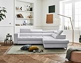 Lisa Design Olinda - Ecksofa mit Ecke rechts - 5 Sitzplätze - mit Schlaffunktion, Bettkasten und verstellbare Kopfstützen - aus Stoff Hellgrau