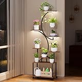 Pflanzenständer mit Wachstumslicht, 8 Ebenen Blumenständer 155cm Metall Holz Pflanzenregal, Innen & Außen Blumentreppe mit Feststellrollen, Dekorative Blumenregal für Wohnzimmer Garten Balkon