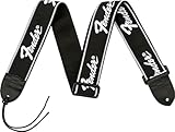 Fender Running Logo Guitar Strap, Adjustable 30 to 51 Inches, Reinforced Leather Ends, Comfortable 5cm Wide Polyester, Classic Black with White Stitching