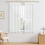 MRTREES Gardinen mit Kräuselband Stores Gardinen Weiß kurz transparent 122X140cm (HXB) Schlaufenschals 2er Set Vorhänge in Leinenoptik für Wohnzimmer Schlafzimmer Mädchen Jugend Curtains