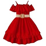 Vguukv Clearance of Sale 3-10Years Girls Dresses Summer Spaghetti Strap Cold Shoulder Ruffle Dress Solid Belted A Line Casual Holiday Party Dresses 2025 Happy New Year