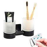 bremermann Bad-Serie Piazza Black Tape - Doppel-Glasbecherhalter ohne Bohren, mit Klebepad - selbstklebend - Becherhalter, Zahnbürstenhalter, aus Glas und Edelstahl, matt schwarz