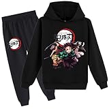 D.O.T Anime Slayer Trainingsanzug für Jungen und Mädchen, Kapuzenpullover, Jogginghose, 2-teiliges Sweatshirt für Kinder von 2–15 Jahren, Schwarz, 11-12 Jahre