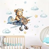 Wandtattoo Kinderzimmer | Bezaubernder Wandaufkleber Aquarell Bär und Flugzeug mit Namensschild für Mädchen und Junge | Wandsticker für Babyzimmer, Kinderzimmer und Schlafzimmer