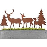 Gartenstecker Weihnachten Hirsch Deko, 2er Set Deko Rehe und Hirsche mit 2 Tannen, Weihnachtsdeko Roststecker Weihnachten, Gartenstecker Rost Metall Wetterfest, Gartendeko Rost Deko Baumstecker
