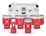 Diamant Fliesenbohrer Set für Fliesen/Glas/Feinsteinzeug | 20-35-45-55-72 mm | PREMIUM Lochsäge für Winkelschleifer Flex M14 | Aluminium KOFFER | Keramik/Granit/Steinfliesen | dichte Diamantschicht