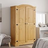 IBUQDDV Kleiderschrank Mexiko-Stil aus massivem Kiefernholz mit 2 Türen und Metalldetails in Schwarz für Wohnzimmer oder Schlafzimmer, rustikaler Charme, gewachste Oberfläche,