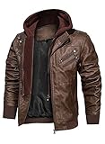 HOOD CREW Herren-Motorrad-Bomberjacke aus PU-Kunstleder mit abnehmbarer Kapuze, braun, M