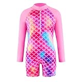 BOVOSHA Meerjungfrauen-Badeanzug für Mädchen, Einteiler, langärmelig, Bademode, Alter 3–14 Jahre, rot, 5-6 Jahre