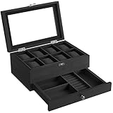 SONGMICS Uhrenbox mit 8 Fächern, Uhrenkasten aus Massivholz, mit Glasdeckel, Uhrenkissen, Schmuckaufbewahrung, Geschenk für Ihre Liebsten, schwarz JOW008B02
