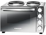 ROMMELSBACHER KLEINKÜCHE KM 3300-2 Gussheizplatten, 30 Liter Backraum, Oberhitze, Unterhitze, Umluft, Drehspieß, 3 Einschubebenen, Doppelverglasung, Spiegelglas-Front, 3250 Watt, silber/schwarz