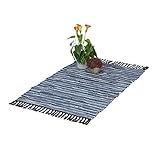 Relaxdays Flickenteppich, 60x100 cm, Baumwolle & Leder, handgewebt, mit Fransen, rutschfest, Fleckerlteppich, blau/grau