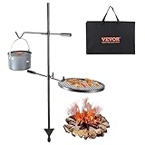 VEVOR Campinggrill Rund 360 x 360 mm, Verstellbarer Schwenkbarer Lagerfeuer Grill mit und Hakenhalter, Edelstahl Holzkohlegrill für Outdoor-Camping