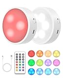 GOODEA.fun Kabellose Schrankbeleuchtung - Aufladbare 3 RGBW Puck Lights mit Fernbedienung Timer - 13 Farben Dimmbare LED Unterbauleuchten -Magnetisch Akku Schrankleuchten Vitrinenbeleuchtung, 2 Stück