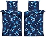 one-home Bettwäsche Mikrofaser Garnitur Bettbezug modern viele Muster mit Reißverschluss, Farbe:Sterne blau, Größe:4 teilig 135x200 cm