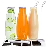 3 x Glasflaschen 500ml Milchflaschen mit Deckel, Glasflaschen zum Befüllen für Saft Smoothie, Wasserflasche Trinkflasche Glas Smoothie Flasche mit Glas Strohhalme Getränkeflaschen für Schule, Outdoor