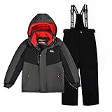 SMONTY Kinder Schneeanzug für Jungen, Winter-Skijacke & Hose, Set Kapuzenriemen, Winddicht, Wasserdicht, Warmer(Grau, 14-16)