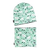 Sophisticate Kinder Beanie Mütze Schal Schlauchschal Set, 360° Reflektor Kinder Mütze & Loop Schal Set, Baumwoll Loop Schal Dünn Junge Und Mädche Herbst Frühling Winter（Grün - Dinosaurier）