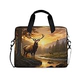 Laptoptasche für Damen und Herren, Elch Hirsch, Wald, Sonnenuntergang, Computertasche, Laptophülle, Aktentasche für 14/15,6/16 Zoll, Laptop, Schultertasche für Büro, Schule, Arbeit, Reisen, Multi,