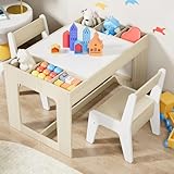 Kindersitzgruppe mit Stauraum,Kindertisch mit 2 Stühlen,Kinder Tisch Stuhl Set mit wendbarer Tischplatte,Packung mit 2 Stühlen,Kinderschreibtisch für Kindertagesstätte für Kinder ab 3 Jahren,Holzfarbe