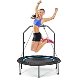 KOMFOTTEU 2-in-1 Fitness Trampolin, Ø 101 cm Gartentrampolin mit höhenverstellbarer Griff & 2 Widerstandsbänder, faltbares Mini-Trampolin bis 150 kg belastbar für Indoor Outdoor, Schwarz + Blau