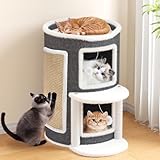 Bertifive 2-stöckige Katzenhöhle Katzenfass, Katzenhaus mit Kratzbrett für Indoor-Katzen,Kratzbaum Klein mit Plattform, Katzenbett Höhle Katzenverstec Katzentonne Katzenmöbel mit Spielball 60*40*40CM