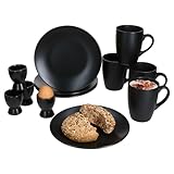 MamboCat Nero 12tlg Frühstücksset schwarz I Je 4X Matte kleine Teller, Kaffeebecher 250ml & Eierbecher für 4 Personen I Tasse, Kuchenteller I Steingut-Geschirr für Frühstücks- & Kaffeezeit