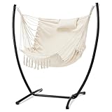 Homgava Hängesessel mit Ständer, robuster Hängesessel im Bohemian-Stil mit Ständer, für drinnen und draußen, mit Kopfstütze und Seitentaschen, maximale Tragfähigkeit 150 kg (Beige)