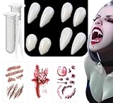RUIXUE® 10 Stück Vampir zähne Erwachsene, 4 Größen Vampir zähne, 3 Stück Halloween Tattoos, mit 2 Tube Zahnpellets Kleber, für Cosplay Party Requisiten Halloween Horror Party Reißzähne.