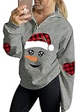For G and PL Weihnachten Damen Hoodie Druck Reißverschluss Sweatshirt Stehkragen Pullover Schneemann Grau S
