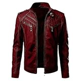 GaoLeAve Herren Kunstlederjacke Motorrad Biker PU Mantel Reißverschlusstasche Stehkragen Freizeit Oberbekleidung Frühling Herbst Winter Wine red L