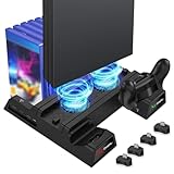 EEEKit PS4 Vertikaler Ständer Kühlung Lüfter, Vertical Stand Standfuß mit Lüfter, 2 Controller Ladesation, USB Hub, 12 Spiele Lagerung, Kompatibel mit PlayStation 4, PS4 Slim und Pro