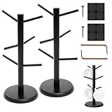 CAAGGMM Tassenständer Holz, 2 Stück Brezelhalter aus Holz, 35 cm Höhe Desktop Kaffeetassenhalter, Tassenhalter mit 6 Haken und Verdickter Basis, für Brezeln, Donuts, Würste, Küchen, Cafés(Schwarz)