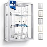 K-Möbel Wandvitrine (80x60x25cm) - Made in Germany - Glasvitrine hängend mit 2 höhenverstellbaren Glasböden aus ESG, Spiegel & LED in Weiss - Schrank mit Glastüren - Hängevitrine Glas