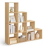 VASAGLE Bücherregal mit 10 Fächern, Regal offen, Stufenregal, Ordnungssystem für Deko, Fotos, Pflanzen, Wohnzimmer, Schlafzimmer, Arbeitszimmer, 29 x 129,5 x 129,5 cm, eichenbeige LBC010Y01
