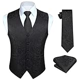 HISDERN Paisley Anzug Weste für Herren Jacquard Floral Hochzeit Party Schwarz Westen Krawatte Einstecktuch Taschentuch AnzugWesten Set M