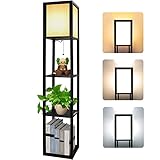 Stehlampe aus Holz, Stehleuchte mit Regal 3 Farbtemperaturen 3000-5000K, Holzablage Eckregal Regalbeleuchtung Retro für Wohnzimmer Schlafzimmer Büro