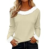 Merry Christmas Sweatshirts für Damen, V-Ausschnitt, Kunstfellbesatz, Weihnachtsgrafik, langärmelig, niedlicher Urlaubspullover, 1-beige, 3XL