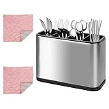 Trendecor 4 Fächer Besteckhalter, Küchenutensilienhalter mit 2 Putztuch für Küche Edelstahl Esszimmer Abtropfschale Besteckkasten Caddy Halter für Essstäbchen Löffel Messer und Gabeln