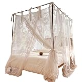 Ngbbby 4 Eckpfosten-Himmelbettvorhänge – Romantisches Spitzen-Moskitonetz für 1, 5 m/4, 92 Fuß breite Betten, Betthimmel, Rahmen Nicht im Lieferumfang enthalten, Beige