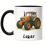 Kindertasse Trecker mit Namen, Namenstasse Traktor Kinder Jungen Kindergarten, Kinderbecher mit Namen Geschenkidee Geburtstag Einschulung Jungs, Tasse Schwarz